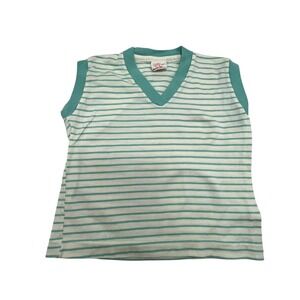 Vintage Buster Brown Kids Teal White Striped V-Neck Sleeveless Knit Top Size 3